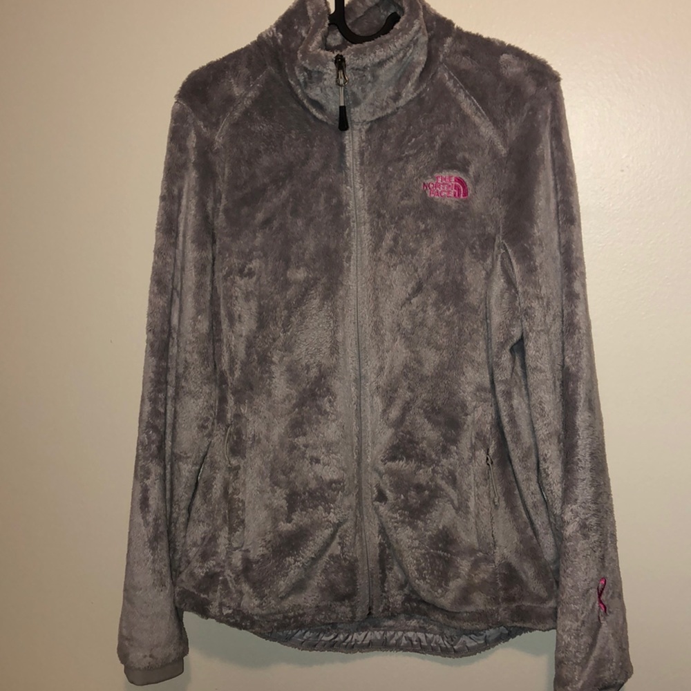 Gray Furry North Face Fleece Pink Ribbon Jacket